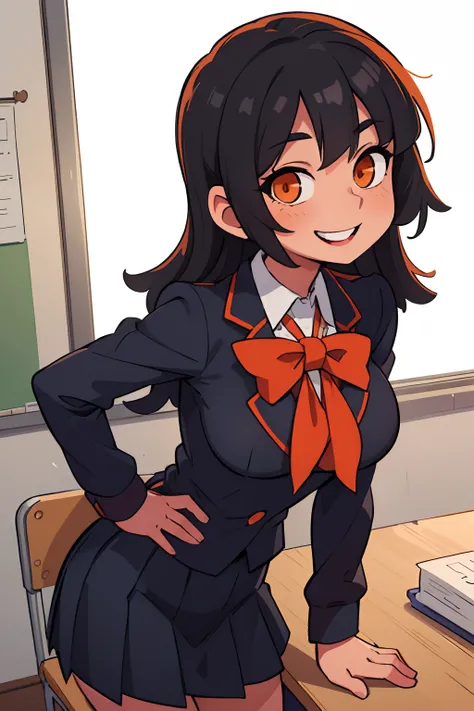 ((beste-Qualit, tmasterpiece)), 
a 1girl,black  hair,Orange Eyes,School Uniform,big breastes,Smiling