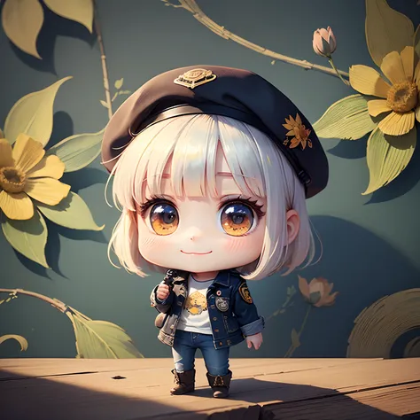 ​masterpiece、top-quality、ultra-detailliert、(Chibi Charas Daughter:1.2)、White Bob、Denim beret、denim jackets、(decoration、Emblem、emblem:1.3)、Damage Damage Denim、(The background is Van Goghs autumn flower wallpaper:1.2)、Standing、a smile