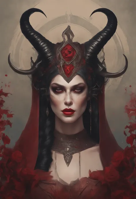 demonic woman with horns and blood on her face, an ultrafine detailed painting inspired by Art of Brom, featured on Artstation, gothic art, artgerm and tom bagshaw, tom bagshaw inspired, in style of dark fantasy art, portrait of demon girl, tom bagshaw art...