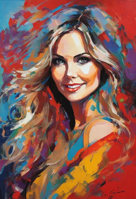 portraite of a woman, beautiful nordic woman, similar to Sally Field, Long champagne hair, smiling eyes, looking up at the camera, smiling mouth, Red dress with plunging neckline, Acrylic painting, Bold and expressive brush strokes, Impressionistic style, ...