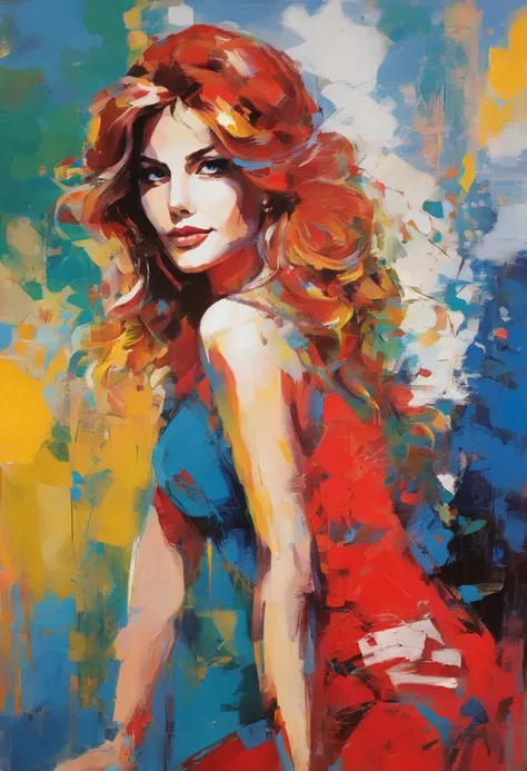 portraite of a woman, beautiful nordic woman, similar to Sally Field, Long champagne hair, smiling eyes, looking up at the camera, smiling mouth, Red dress with plunging neckline, Acrylic painting, Bold and expressive brush strokes, Impressionistic style, ...