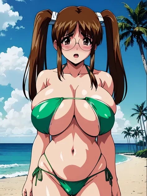 (NSFW:1.4),(Tight bikini:1.3),(90s anime style)、((Anime cel drawing style)), (Manga style),First_Snow Light, ((Best Quality, High resolution)),1girl in,Twin-tailed、Brown hair、 (Large :1.2),(((gigantic breasts:1.4))),large areolae,huge nipples ,(Green Strap...