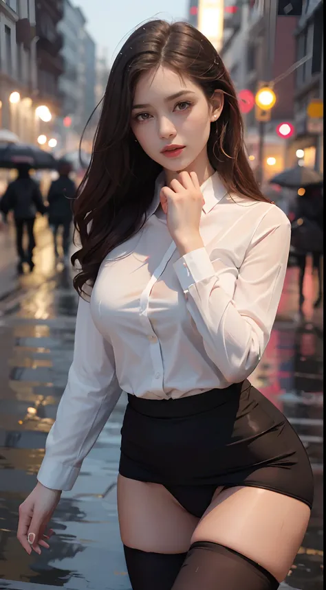 ((Realistic lighting, Best Quality, 8K, Masterpiece: 1.3)), Focus: 1.2, 1girl, Perfect Beauty: 1.4, Slim Abs: 1.1, (Big Breasts), (White Shirt: 1.4), (Outdoor, Night: 1.1), City Street, Super Fine Face, Fine Eyes, Double Eyelids, (Over the Knee Black Stock...