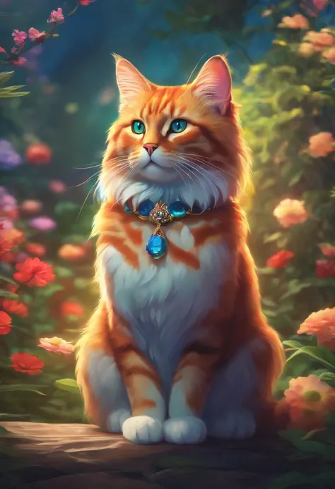 A colorful cat looking straight, Multidimensional art style, royal background, 16K HD wallpaper，top-quality，Ray tracing，ghibli artstyle，Anime real cat-animal concept art