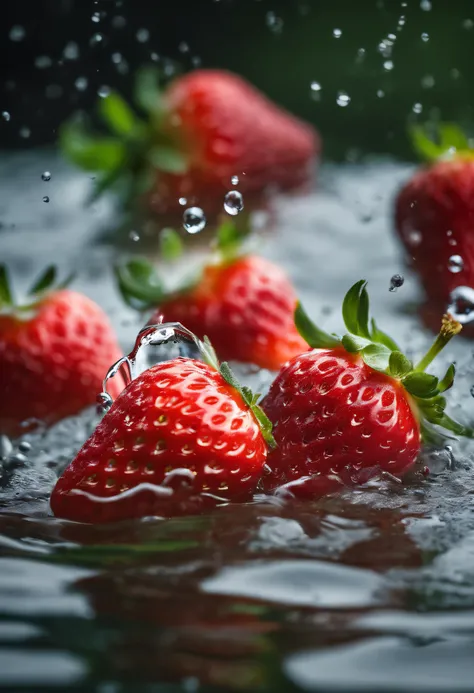 cinematic RAW photo，foto ultra real，Ultra foto realsisim，Digital SLR，soft lighting，Product photo of 5 strawberries falling into the water、Drippy、Splash clear liquid、water bloom，dynamic compositions，(master part) (best quality) (circunstanciado) (Cinematic ...