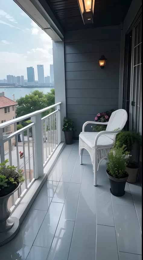 tmasterpiece，best qualtiy，（（best qualtiy）），（tmasterpiece），（realisticlying）（Bright colors：1.2），symetrical composition,Bright tones，No Man，balcony
Choose dark gray tones for the ground and railings,In the corner are two white single rattan chairs。There are a...