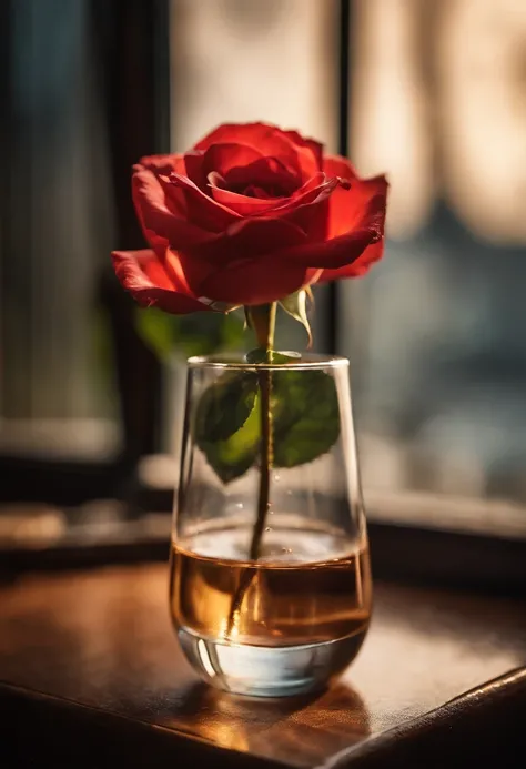 1 rose in a glass beaker, a closeup of a,  A cloudy day, ray of light,  window, Blurred background with bokeh,  higly detailed, A hyper-realistic,