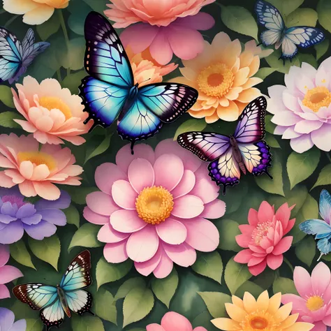 The magic of color, ultra-detailed 2D watercolor style flower illustrations, gorgeous colors, bright sunshine, elegant butterflies, fine textures, a feast of life- --v6