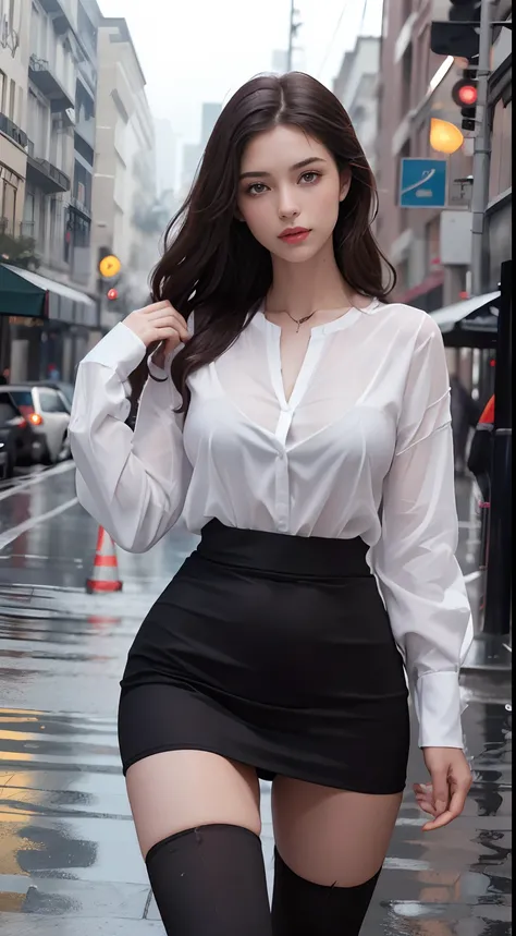 ((Realistic lighting, Best Quality, 8K, Masterpiece: 1.3)), Focus: 1.2, 1girl, Perfect Beauty: 1.4, Slim Abs: 1.1, (Big Breasts), (White Shirt: 1.4), (Outdoor, Night: 1.1), City Street, Super Fine Face, Fine Eyes, Double Eyelids, (Over the Knee Black Stock...