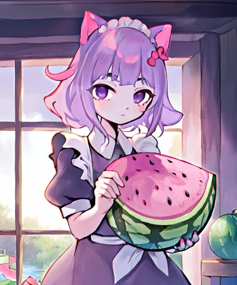 beautiful, masterpiece, best quality, masunya, cat ears, (purple skin color:1.1), maid dress, holding watermelonm highres 4k, in...