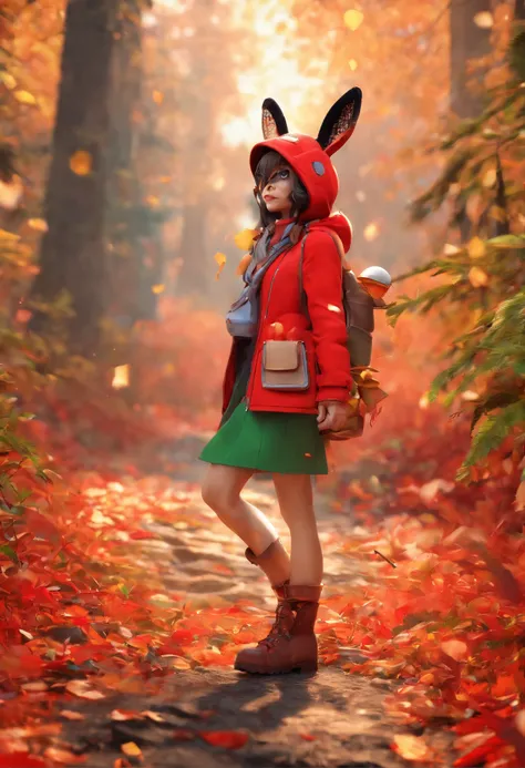 3D rendering of (A photo of an adventurous rabbit sister standing on a path between the autumn leaves), （Binoculars hanging from her chest：1.37),hairy, （fashionable sunglasses：1.37）,Clear and beautiful face, Big green bright eyes, ）, Sister Rabbit wears a ...