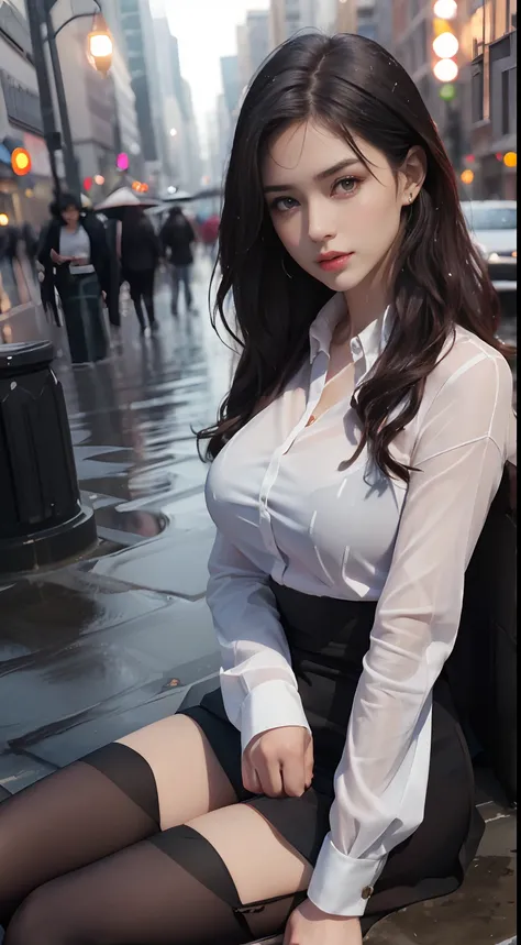 ((Realistic lighting, Best Quality, 8K, Masterpiece: 1.3)), Focus: 1.2, 1girl, Perfect Beauty: 1.4, Slim Abs: 1.1, (Big Breasts), (White Shirt: 1.4), (Outdoor, Night: 1.1), City Street, Super Fine Face, Fine Eyes, Double Eyelids, (Over the Knee Black Stock...