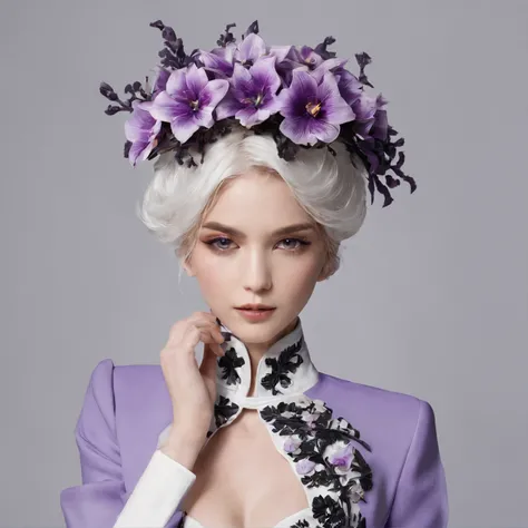 Masterpiece, Best quality, A high resolution, HMSL1, horned headwear, hair flower, x hair ornamen, , purple jacket, flower, Long sleeves, Open clothes, Black bow, sleeves past wrists, Skirt, Embrace flowers，flower bouquet，purpleish color