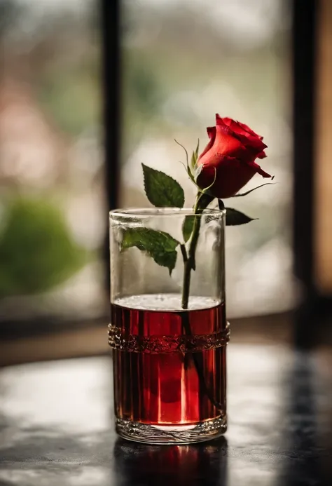 1 rose in a glass beaker, a closeup of a, A cloudy day, ray of light, window, Blurred background with bokeh, higly detailed, A hyper-realistic,