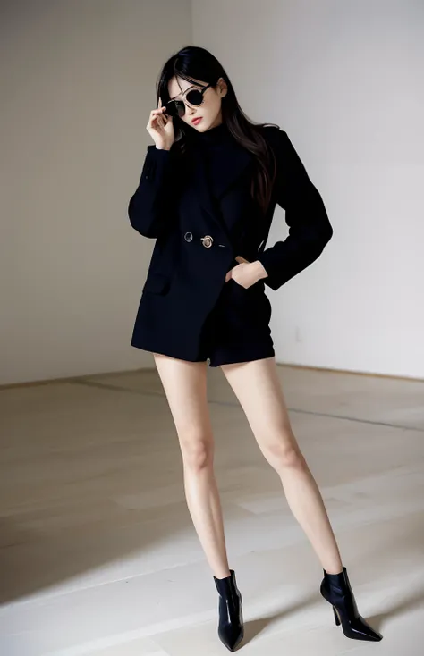 A Japanese Lady、beauitful face、二重まぶた、Big eyes、cabelos preto e longos、Black sunglasses、Black coat、Micro Shorts Beautiful Legs、Raw feet、Clean bare feet、pin heels、tall、super long legs、model poses、Sexy legs