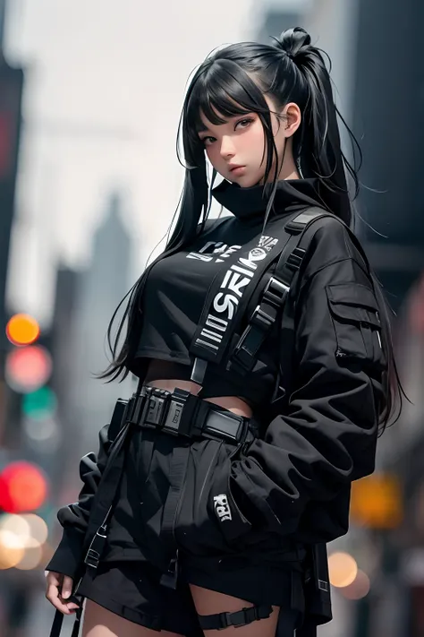 (masterpiece), best quality,1girl, black eyes, long hair, black hair, urban techwear, outfit, blurry background, eye focus, finger on lip, cowboy shot, huge city background, dramatic light, cinematic light.