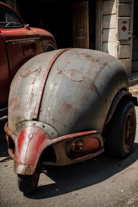 voiture,rouge,gros pneus,ville fantome,ciel nuagueux