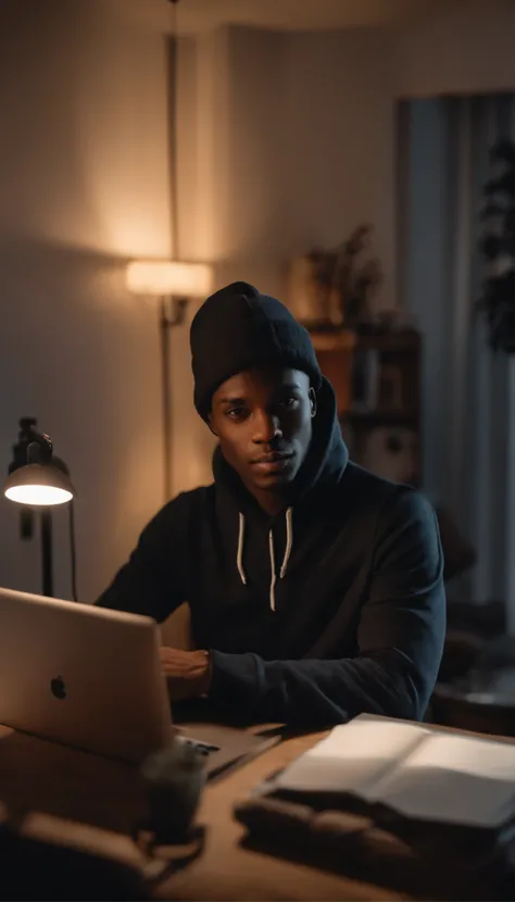 Create an image of a young black man sitting behind his laptop in his bedroom during the night. Hes wearing a casual, dark-colored hoodie that covers his eyes, and he has a smile on his face. The room is dimly lit by the soft glow of the laptop screen. The...