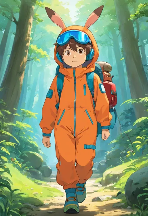 Two-dimensional boy Shota，One-piece hiking suit，headset on head，adolable，standing on your feet，Protective goggles，Rabbit ears and rabbit tail