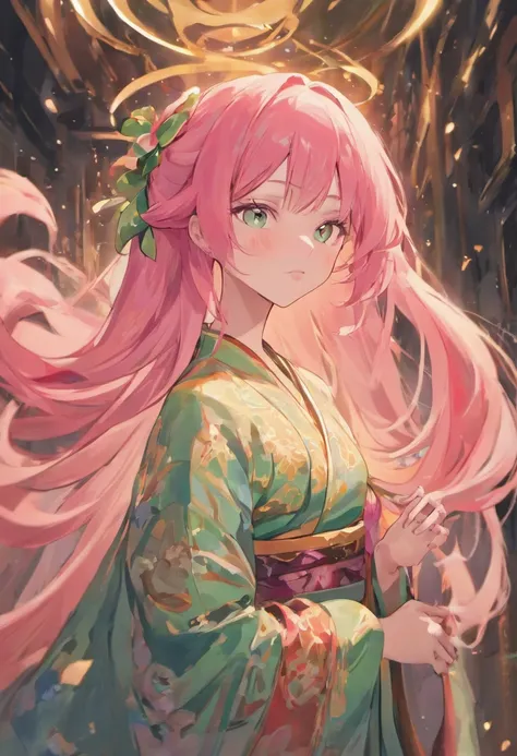 She is of average height with a slender and graceful figure. Her long, vibrant pink hair cascades down her back in soft waves. Her emerald-green eyes are bright and expressive, reflecting warmth and kindness. She often wears a traditional and elegant kimon...