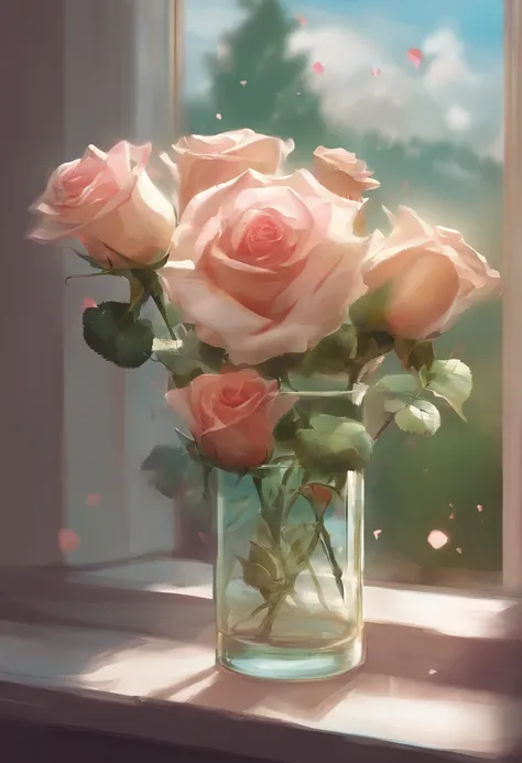 Roses in a glass vase, a closeup of a, A cloudy day, ray of light, window, Blurred background with bokeh, higly detailed, A hyper-realistic,