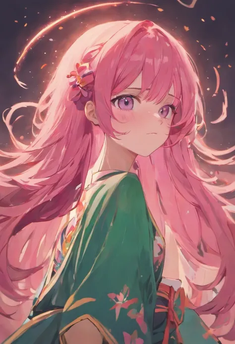 She is of average height with a slender and graceful figure. Her long, vibrant pink hair cascades down her back in soft waves. Her emerald-green eyes are bright and expressive, reflecting warmth and kindness. She often wears a traditional and elegant kimon...