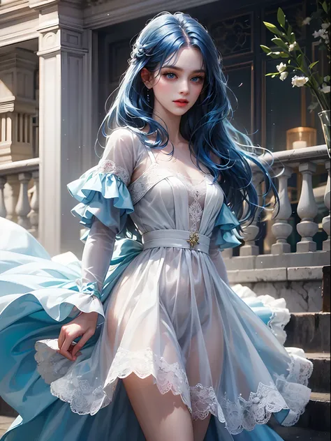 a women, blue hair, blue eyes, white dress