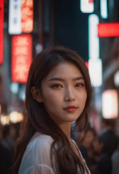 japnese girl, street fashion, in downtown shinjuku, glowing neon light in background, night time, real woman, 85mm len, full body image.