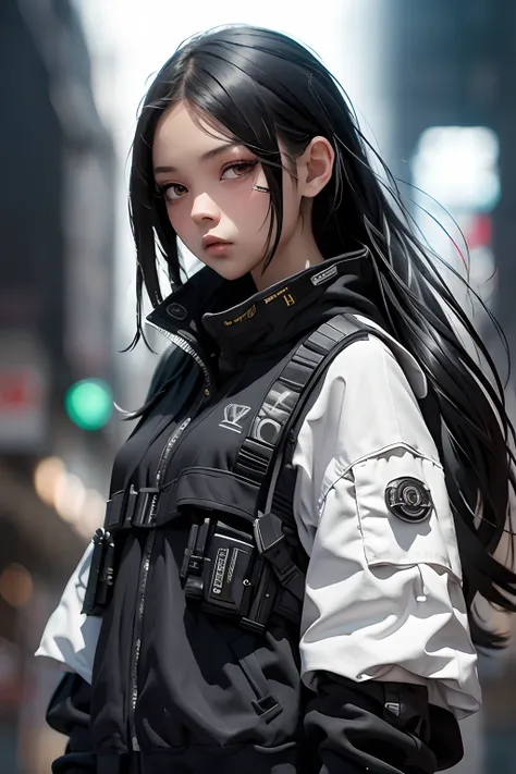 (masterpiece), best quality,1girl, black eyes, long hair, black hair, urban techwear, outfit, blurry background, eye focus, cowboy shot, huge city background, dramatic light, ((cinematic light)), RAW photo, 8k, higly detailed.