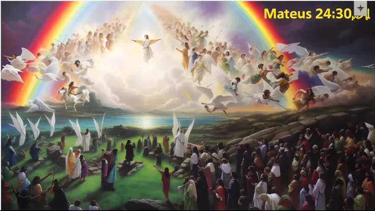 Painting a rainbow and a rainbow over a crowd of people, epic biblical representation, biblical painting, Incredible masterpiece, Segunda vinda, fosco, beautiful image ever created, imagem da obra-prima, epic masterpiece, she is arriving heaven, breathtaki...