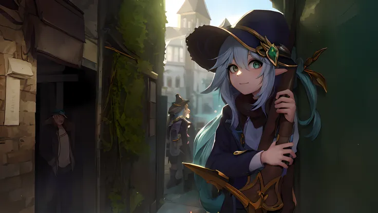 lolstyle, league of legends, artstyle, splashscreen, masterpiece, best quality, lolsplashart, nahidarnd, nahidadef, 1girl, solo, long hair, European Middle Ages, detective, wearing a hat, wearing a trenchcoat, Leaning against the wall, Close-up of people, ...