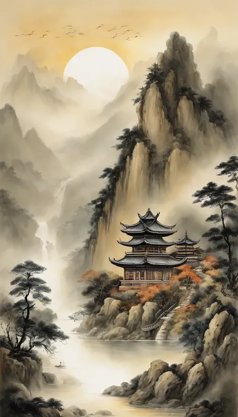 In Chinese landscape painting、Use ink and watercolor styles、We produce by combining water ink antain the screen、Detailed scenery is depicted from a distance to an ultra-wide viewing angle.。A light boat floats in the distance、Stain that meticulous detail、Be...