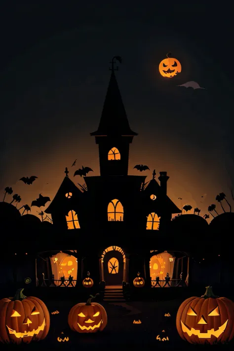 kids illustration, spooky halloween scene with ghosts pumpking bats and old house in the background, cartoon style, thick lines, low detail, vivid color