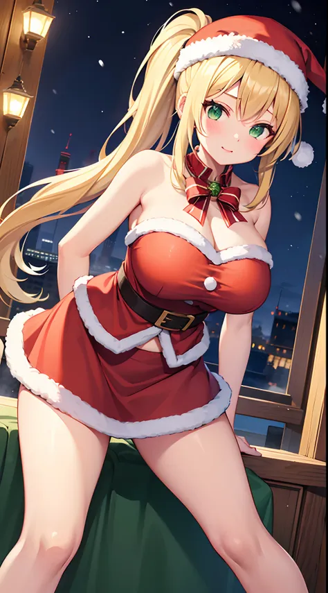 1 girl, game cg, mini santa claus costume, santa claus hat, gigantic breasts, blonde, middle hair, side ponytail, green eyes, sn...