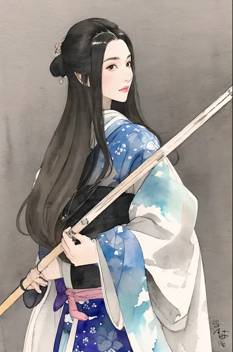 woman wearing the kimono、Beautiful watercolor painting、greybackground、The long-haired、Has a long spear