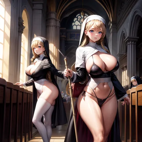 （8K ，Hyper-detailing，Ultra photo realsisim，Best Masterpiece，naturey，Perfect artwork，Perfect female body），Two cute busty girls ，（large tities），Nuns in the church，A womans hairstyle，Elegant and sexy Miss Xu，week，Carrying a bag，Wear sexy vacuum nun robes，Buil...