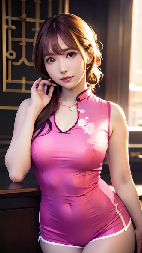 best quality, masutepiece, hi-res, one girl, (wearing a short cheongsam,)large breasts:1.2,you can see the chest,necklace, jewel...