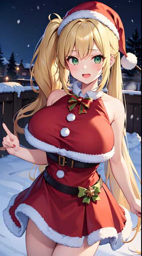 1 girl, game CG, mini Santa Claus costume, Santa Claus hat, gigantic breasts, blonde, middle hair, side ponytail, green eyes, snow, leaning forward, steam, night,