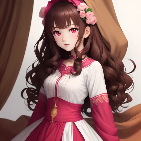 Anime girl, dark brown hair, White background, algerian clothes, red clothes, pink eyes, curly hair