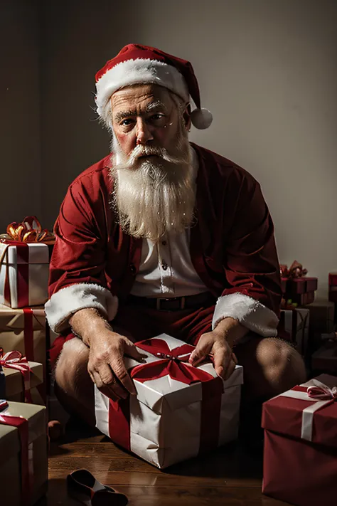 a 60 year old Santa Claus with a sad face sitting full of gifts, cinematic, realistic