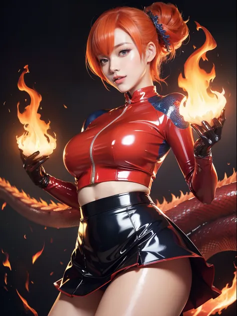 masutepiece,A hyper-realistic,32K,the Extremely Detailed CG Unity 8K Wallpapers, Best Quality,(beautiful japanese female),short-hair,((Latex skirt with a mixture of pale red and blue)),(((Dragon Scale Skin))),Cramped latex,Skin fit,(low angles), Flashy mak...