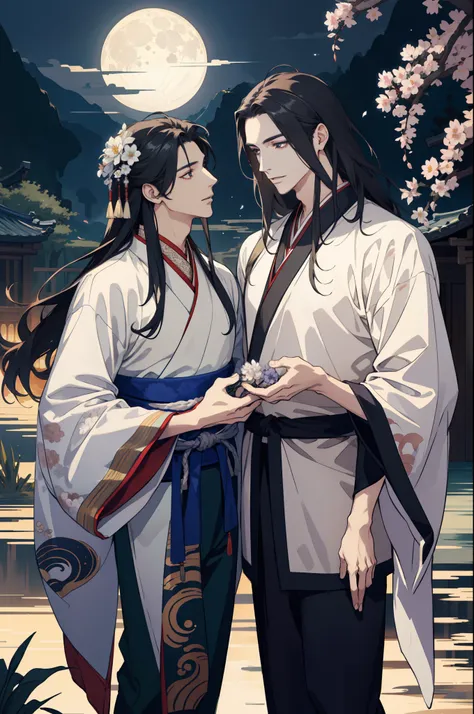 two men...., attractive, lovers, finely detailed eyes and detailed face, long-haired, fantasy, spectacular background, flapping ...