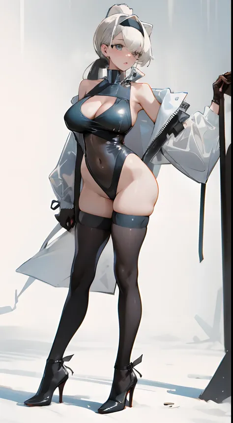 Bigboobs，cropped shoulders，Deep V one-piece swimsuit，Leather clothes，White knee-length stockings，High ponytail，Stand up，see-through raincoat，high-heels