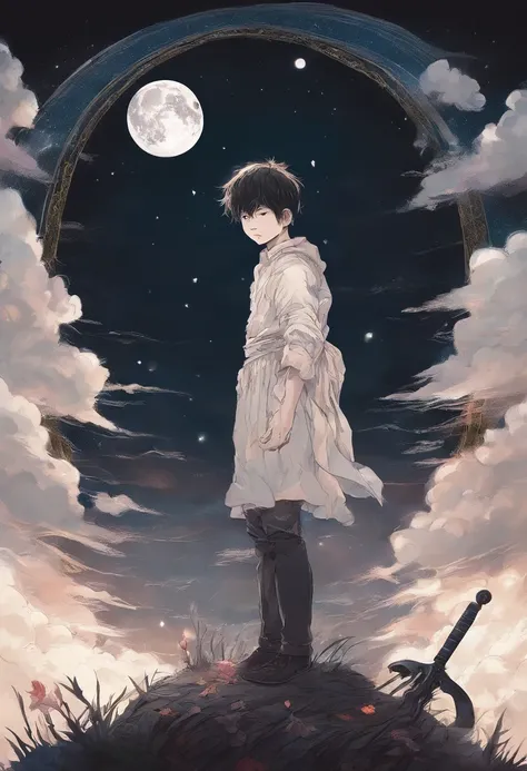 Full Moon Night、A boy with a knife looks up lonely on the corpse