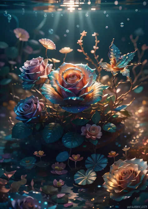 Masterpiece, Highest Quality, roses, leaves, Fantasy, Seabed Growth, Fertile soil,, Distant Fish, bubbles, Shell, starfish, coral, Magical, Transparent, Sparkling, Colorful, High & Low, Brilliant, magical photography, dramatic  lighting, photo realism, Ult...