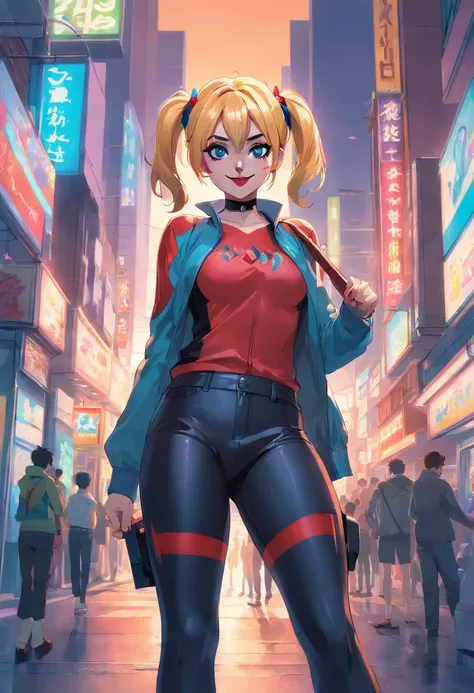 Harley Quinn、cuerpo completo、Enormes piernas hermosas、tetas medianas, Apertura de piernas、Pelo pubick、Debajo del cabello、cabello、babeo、apretar los senos, black latex pants, rodeada de hombres musculosos, hombres agarrando a Harley Quinn