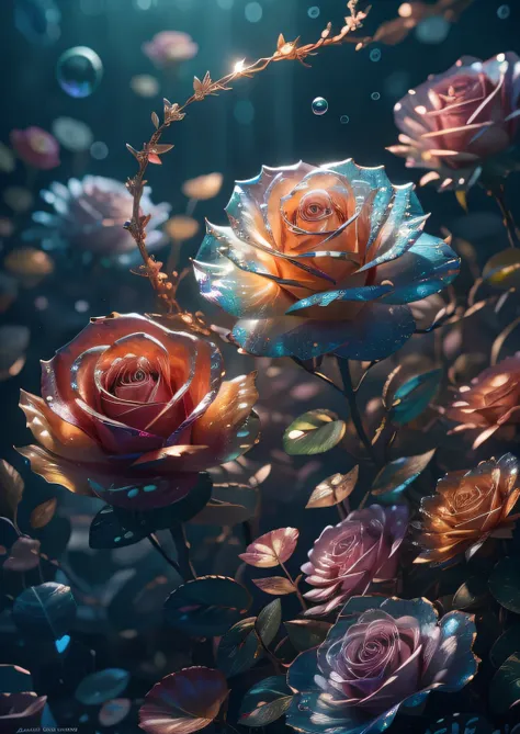 Masterpiece, Highest Quality, roses, leaves, Fantasy, Seabed Growth, Fertile soil,, Distant Fish, bubbles, Shell, starfish, coral, Magical, Transparent, Sparkling, Colorful, High & Low, Brilliant, magical photography, dramatic  lighting, photo realism, Ult...