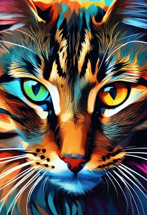 A colorful cat stares straight ahead, Multi-dimensional art style, Royal background, 16K HD wallpaper，top-quality，Ray tracing，ghibli artstyle，Anime Real Cat - Animal Concept Art