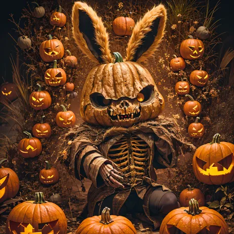 king rabbit hollow sandalwood material（best qualtiy，8k pumpkin bunny king,masterpiece）when the rabbit skeleton pumpkin appears，o...