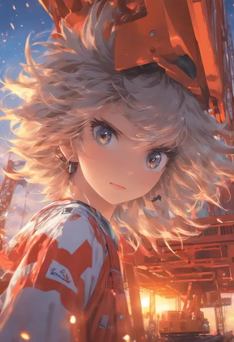 Masterpiece, Top quality, Highly detailed, Unity 8k wallpaper, (Ride in a crane truck), firmament, Girl 1 person, heavy machinery, Gradient hair, hair between eye, ahoge, age: 16, Looking back, Pretty face, White Niso,